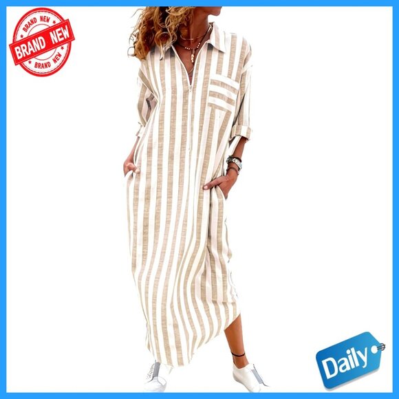 Dresses & Skirts - Striped Maxi Shirt Dress with 1/4 Zipper, Rolled Sleeves, Loose Fit